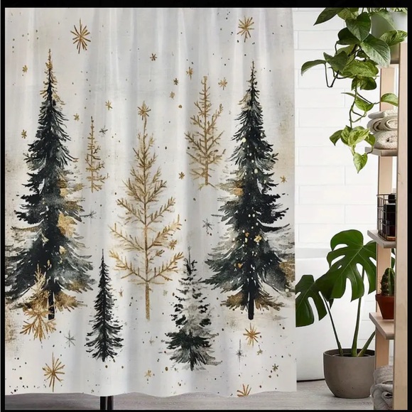 Winter Christmas pine tree waterproof shower curtain - Picture 1 of 6